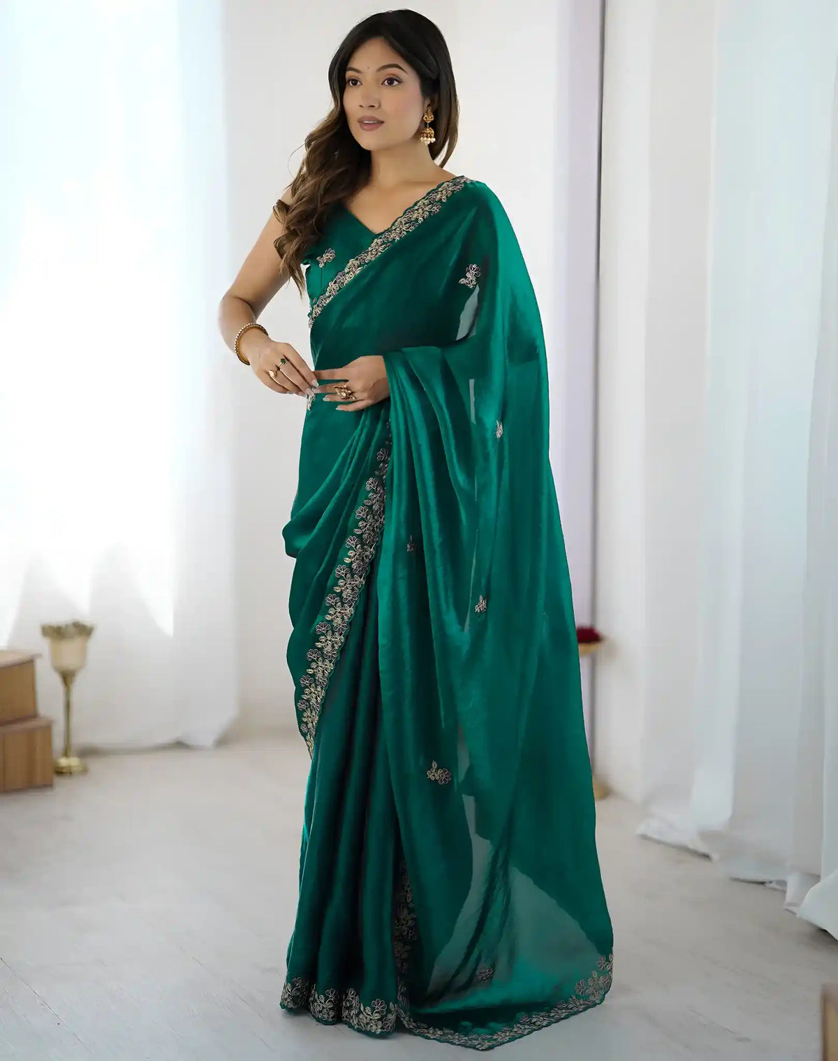 Rama Green Fendy Satin Silk Embroidered Saree - View 1