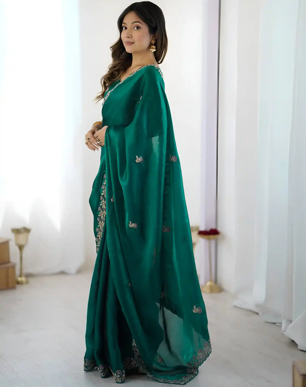 Rama Green Fendy Satin Silk Embroidered Saree - View 3