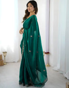 Rama Green Fendy Satin Silk Embroidered Saree - View 3