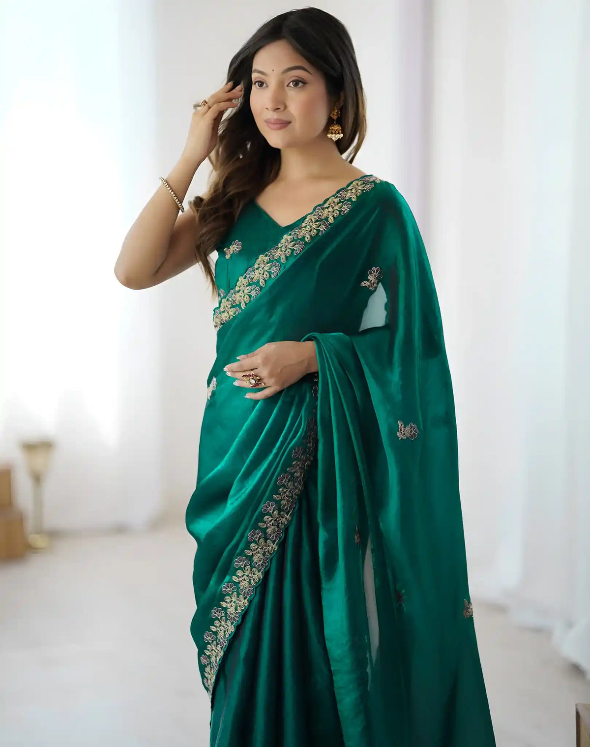 Rama Green Fendy Satin Silk Embroidered Saree - View 4
