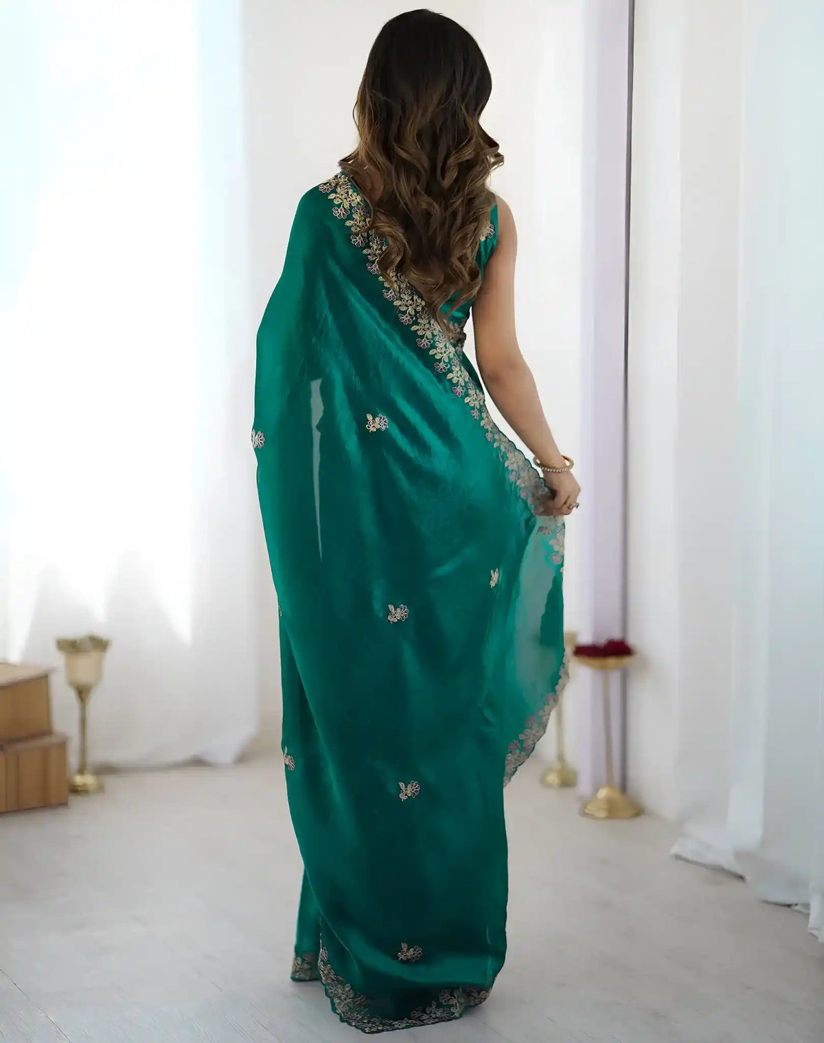 Rama Green Fendy Satin Silk Embroidered Saree - View 5
