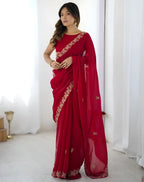 Red Fendy Satin Silk Embroidered Saree - View 1