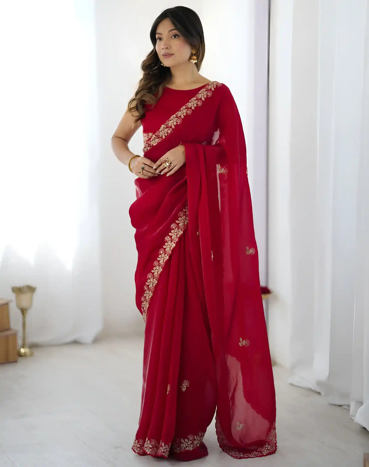 Red Fendy Satin Silk Embroidered Saree - View 1