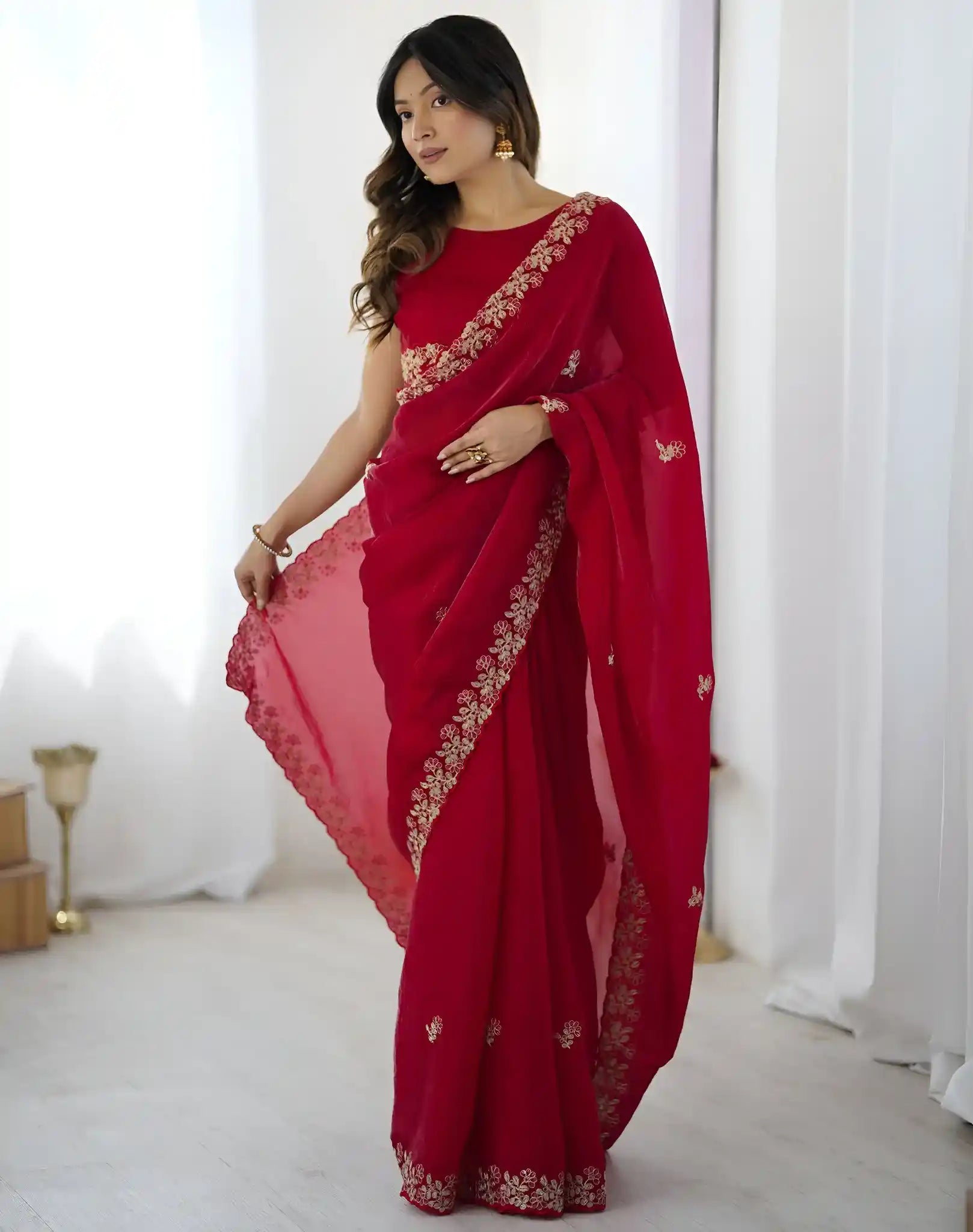 Red Fendy Satin Silk Embroidered Saree - View 3