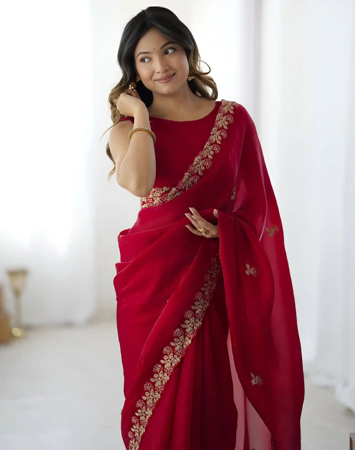 Red Fendy Satin Silk Embroidered Saree - View 4