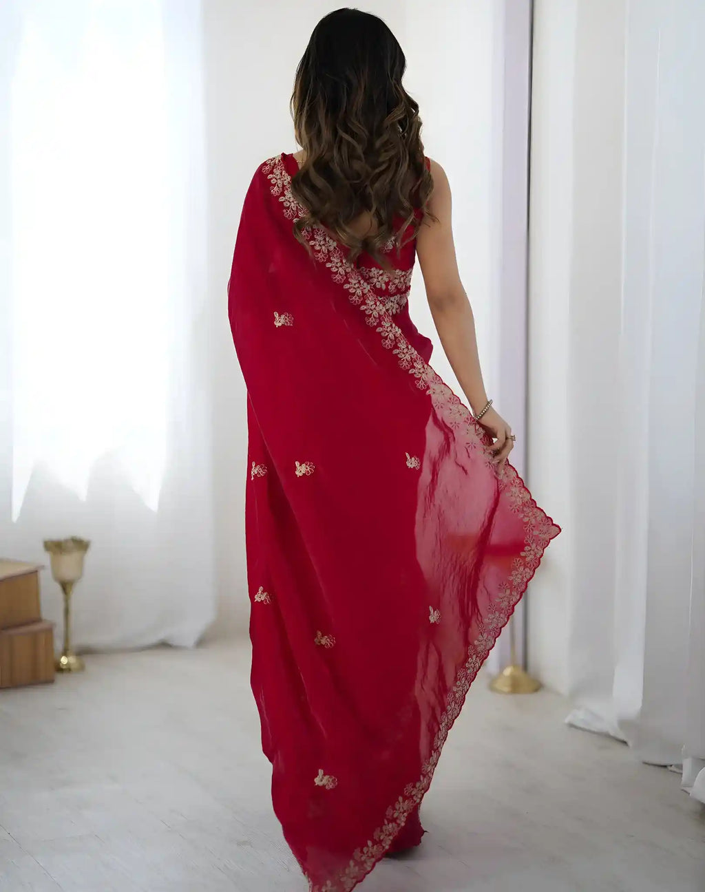 Red Fendy Satin Silk Embroidered Saree - View 5