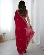 Red Fendy Satin Silk Embroidered Saree - View 5