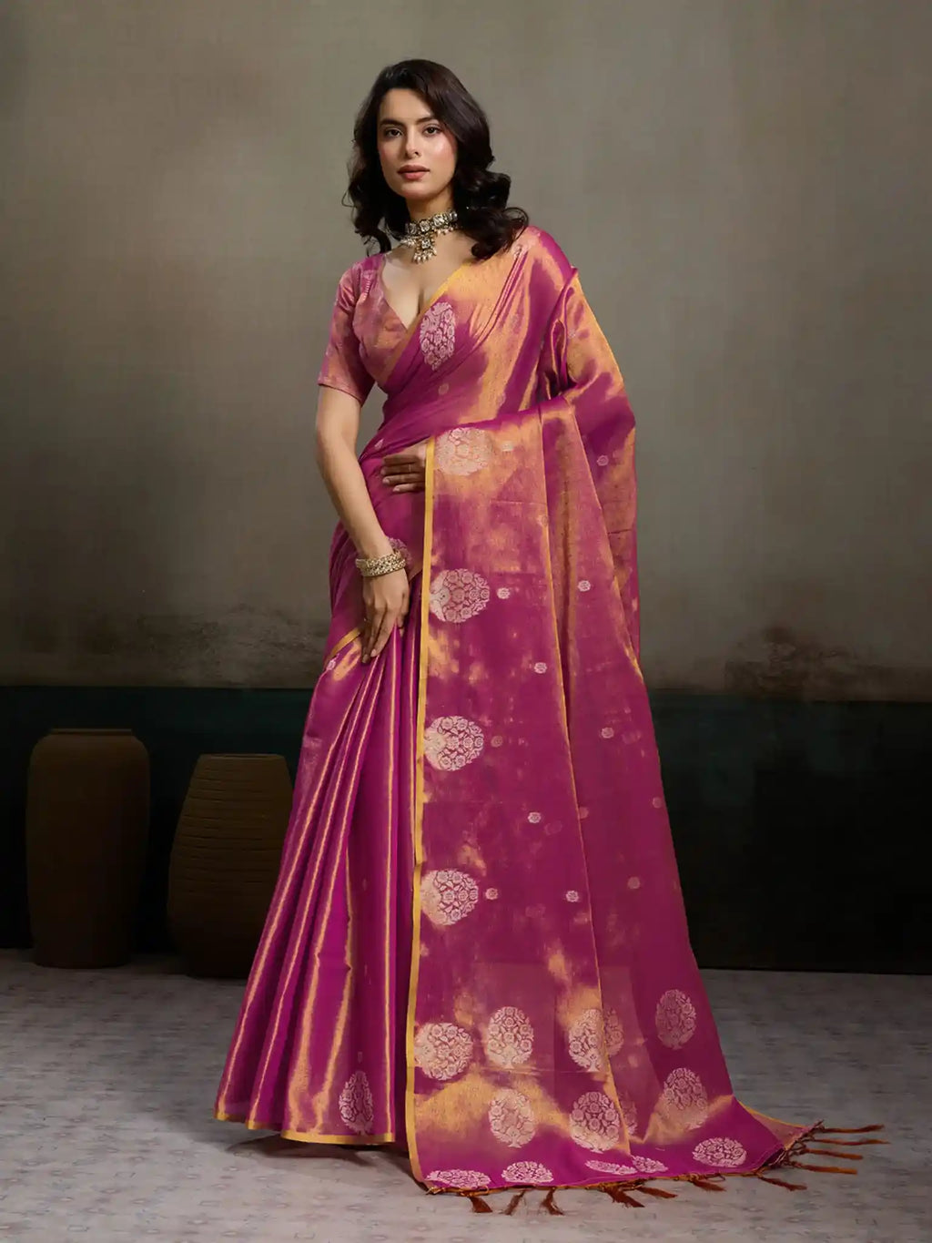 Magenta Tissue Silk Woven Zari Designer Saree - View 1