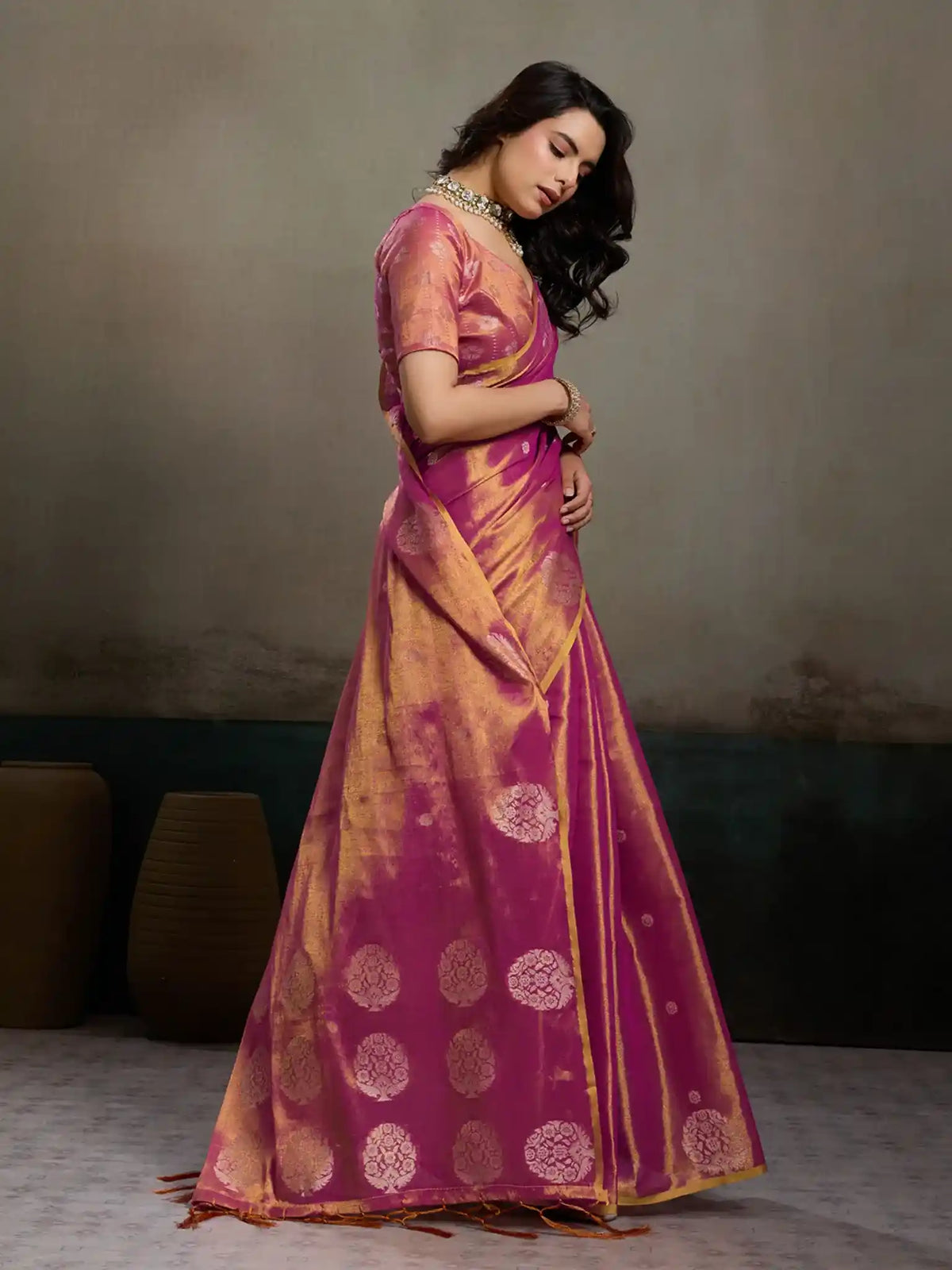 Magenta Tissue Silk Woven Zari Designer Saree - View 3