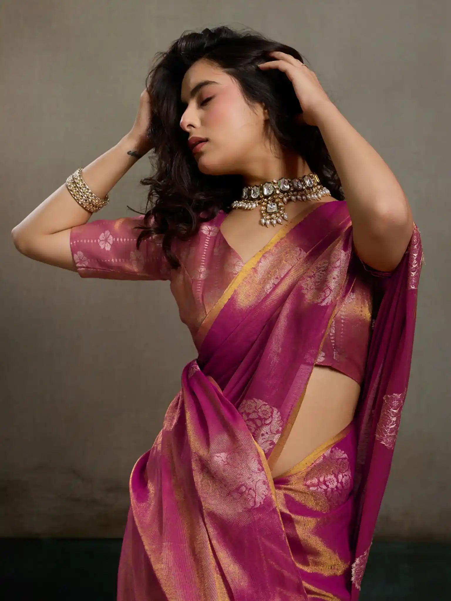 Magenta Tissue Silk Woven Zari Designer Saree - View 4