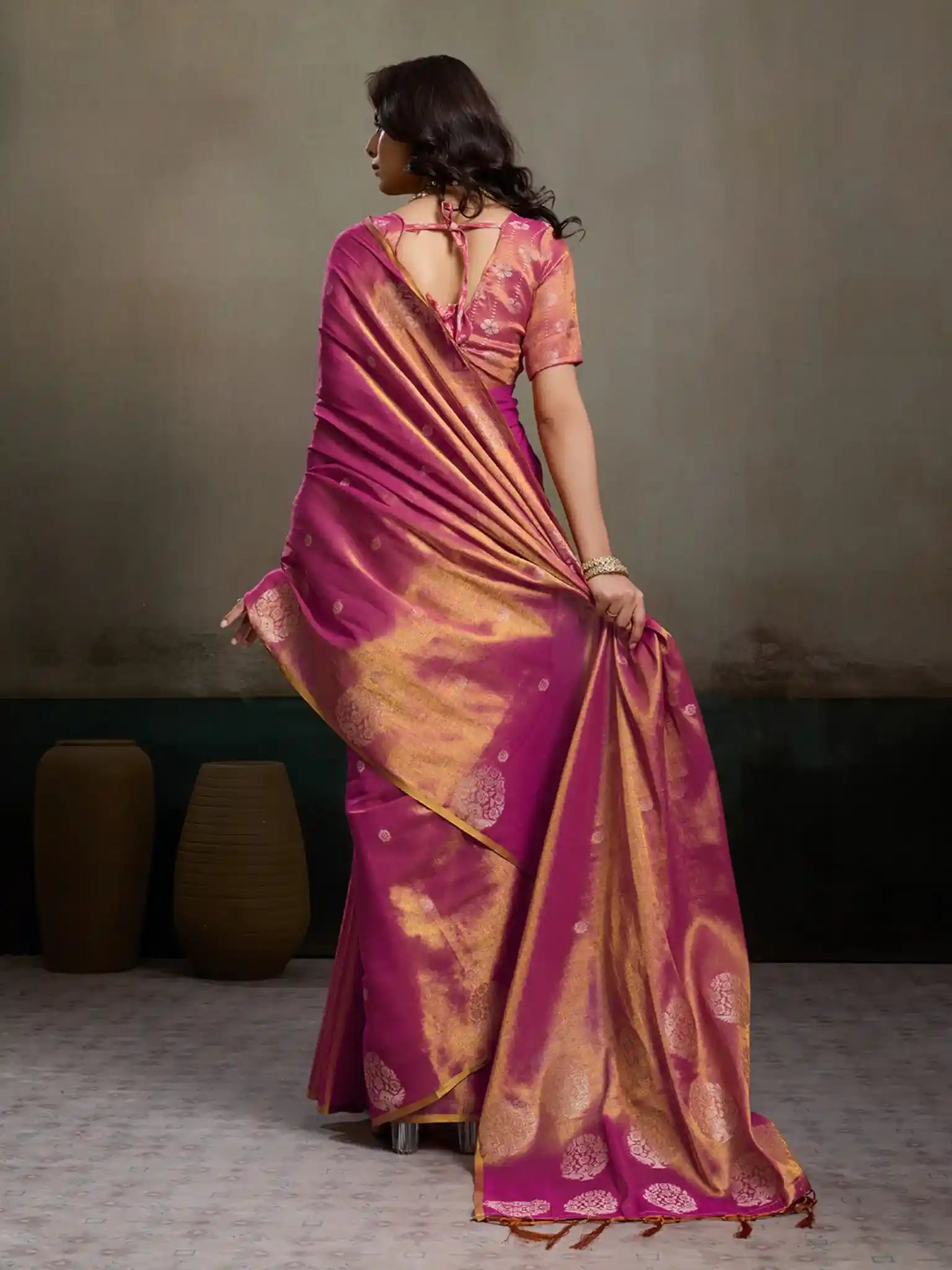 Magenta Tissue Silk Woven Zari Designer Saree - View 5