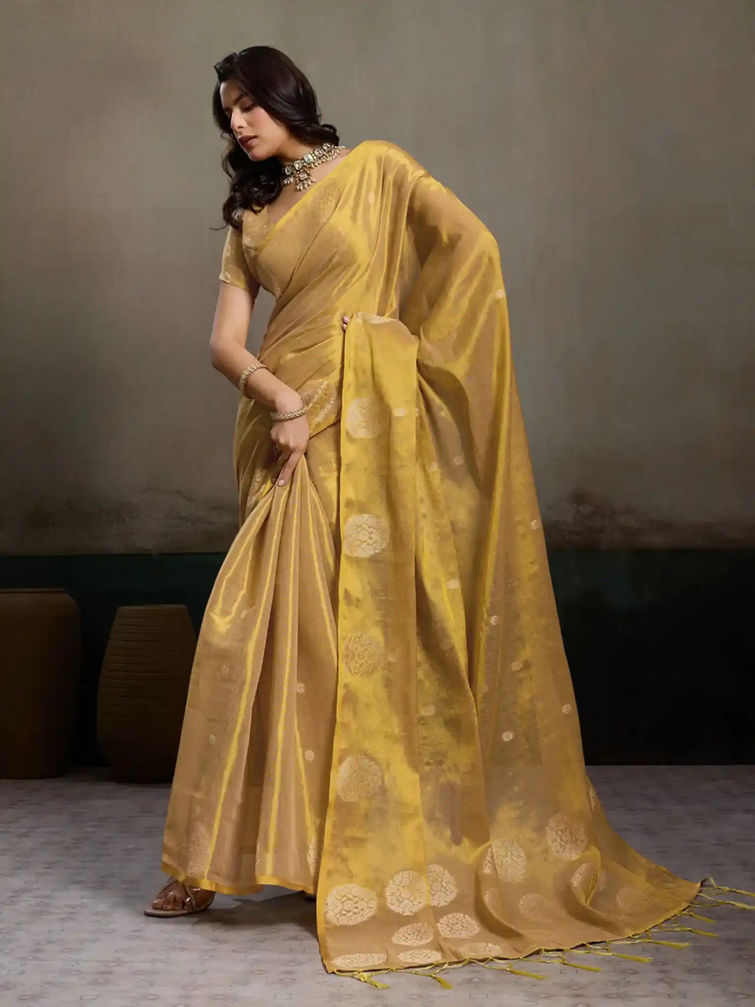 Beige Tissue Silk Woven Zari Designer Saree - View 1