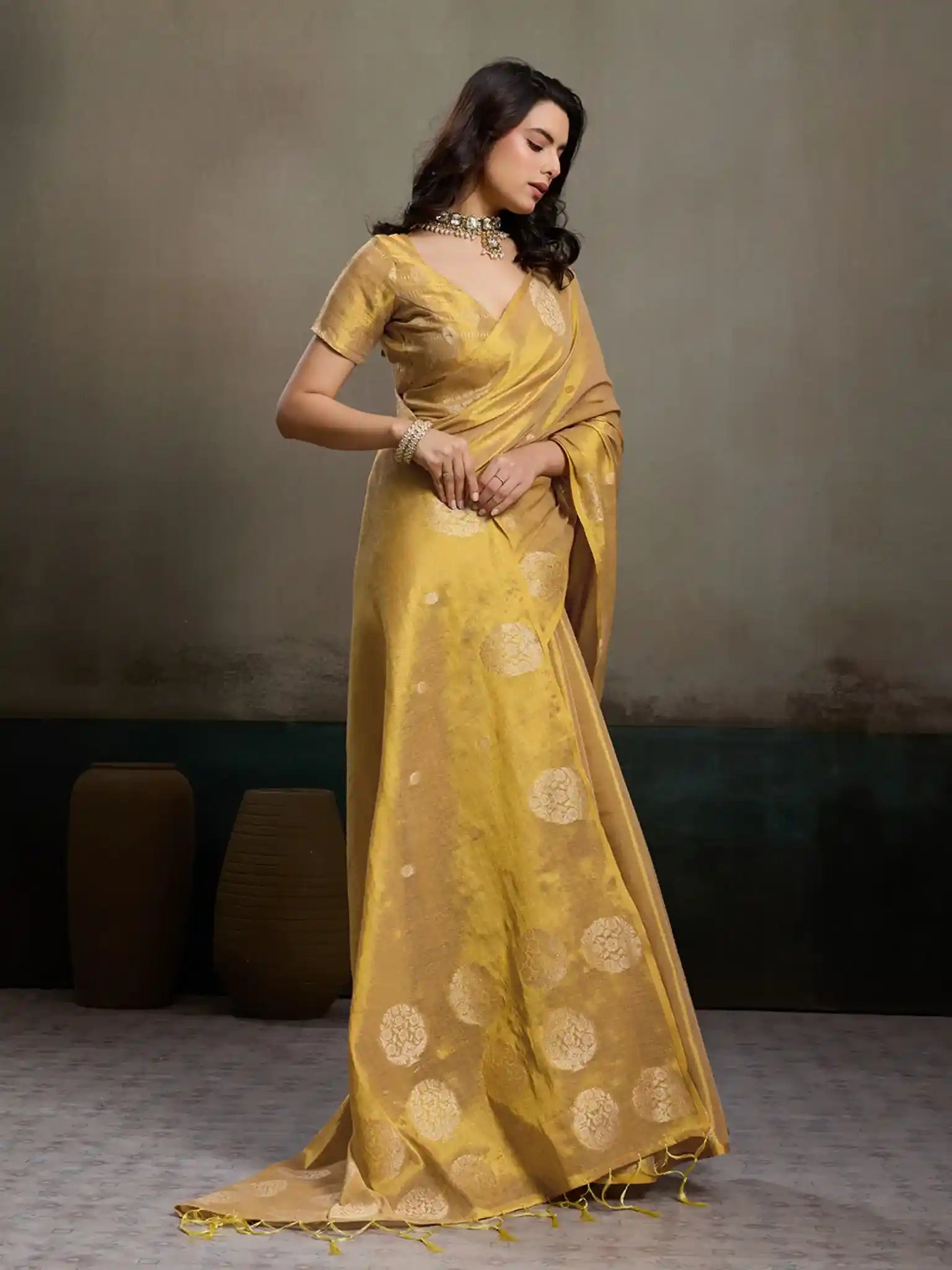 Beige Tissue Silk Woven Zari Designer Saree - View 3