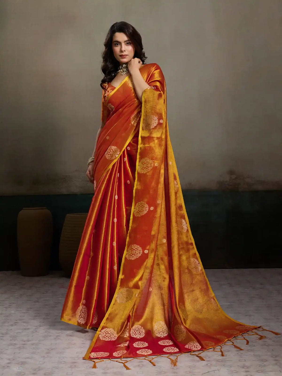 Orange Tissue Silk Woven Zari Designer Saree - View 1