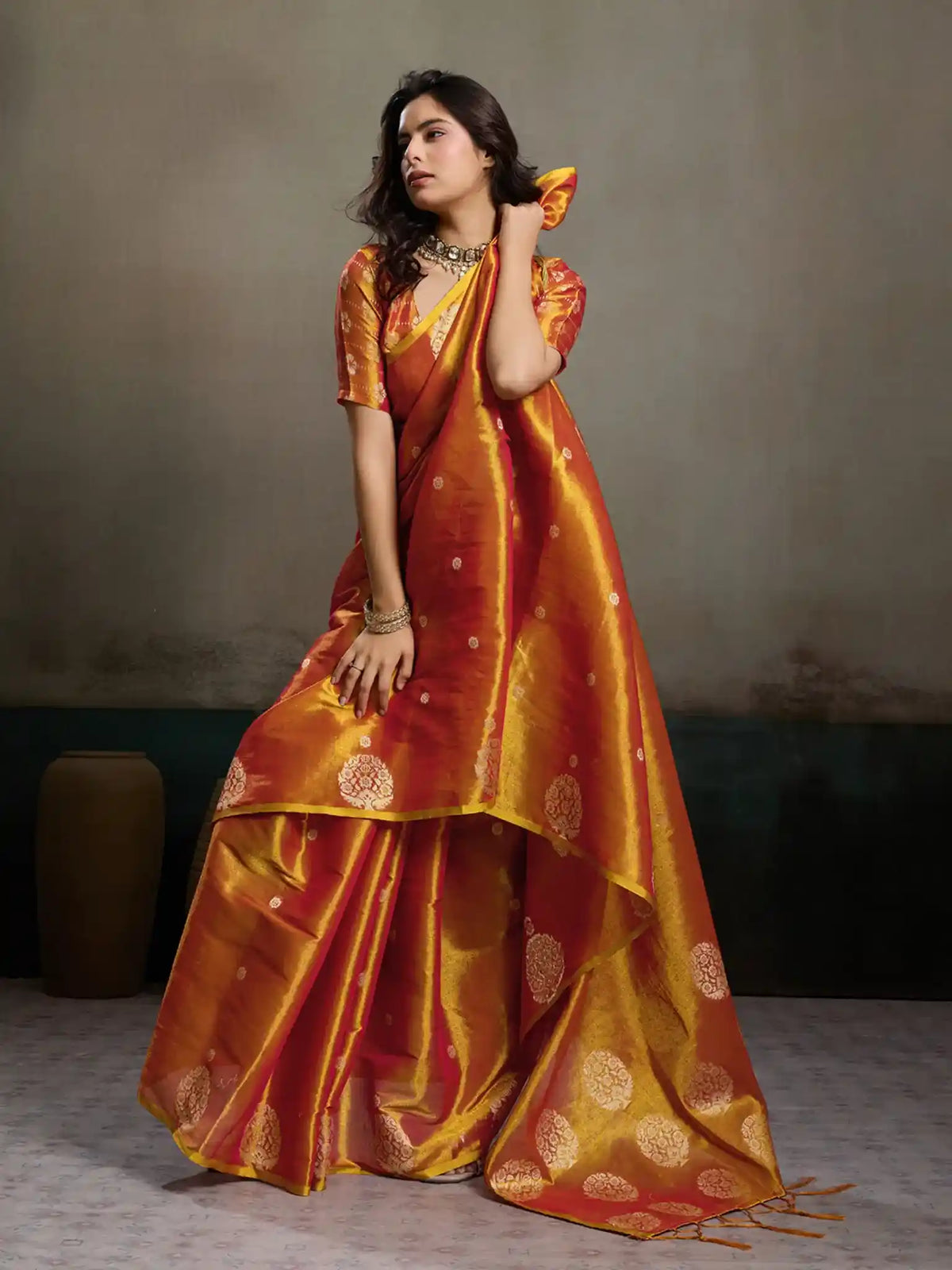 Orange Tissue Silk Woven Zari Designer Saree - View 3