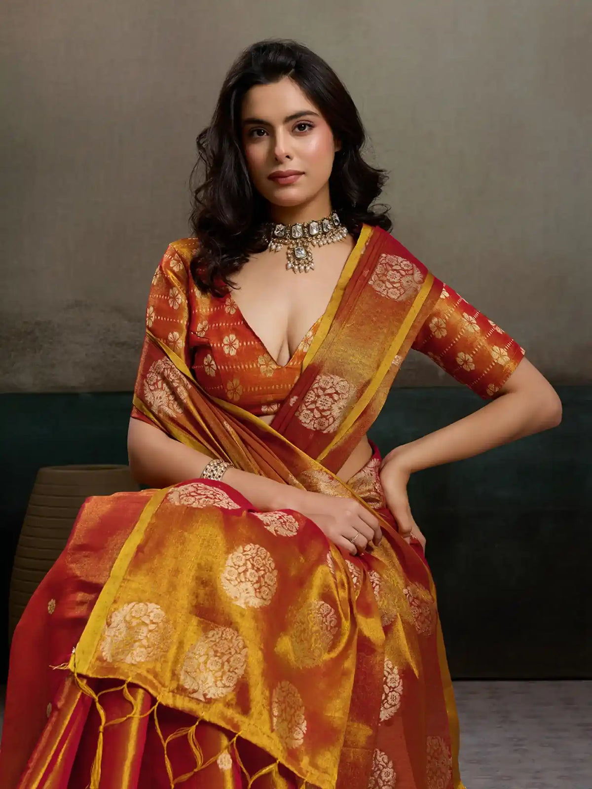 Orange Tissue Silk Woven Zari Designer Saree - View 4