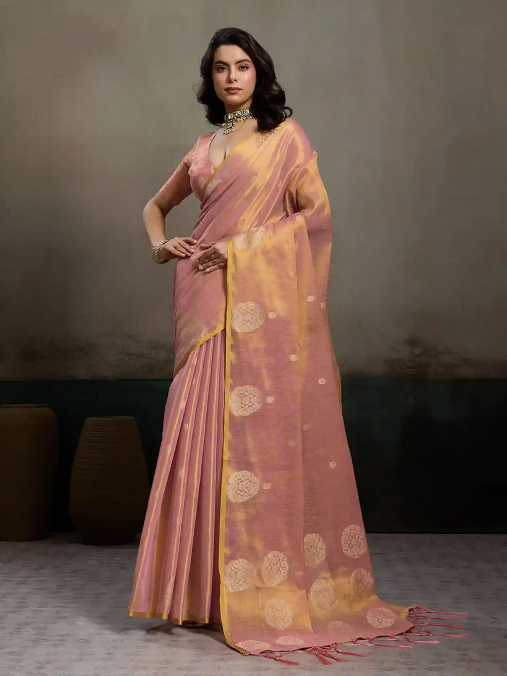Pink Tissue Silk Woven Zari Designer Saree - View 1
