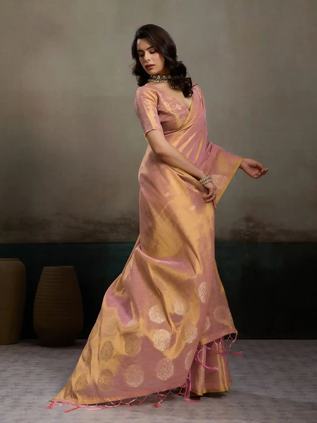 Pink Tissue Silk Woven Zari Designer Saree - View 3