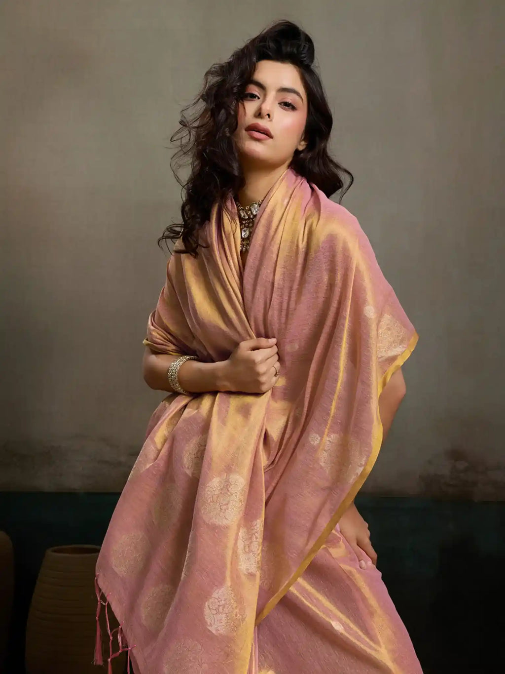 Pink Tissue Silk Woven Zari Designer Saree - View 4