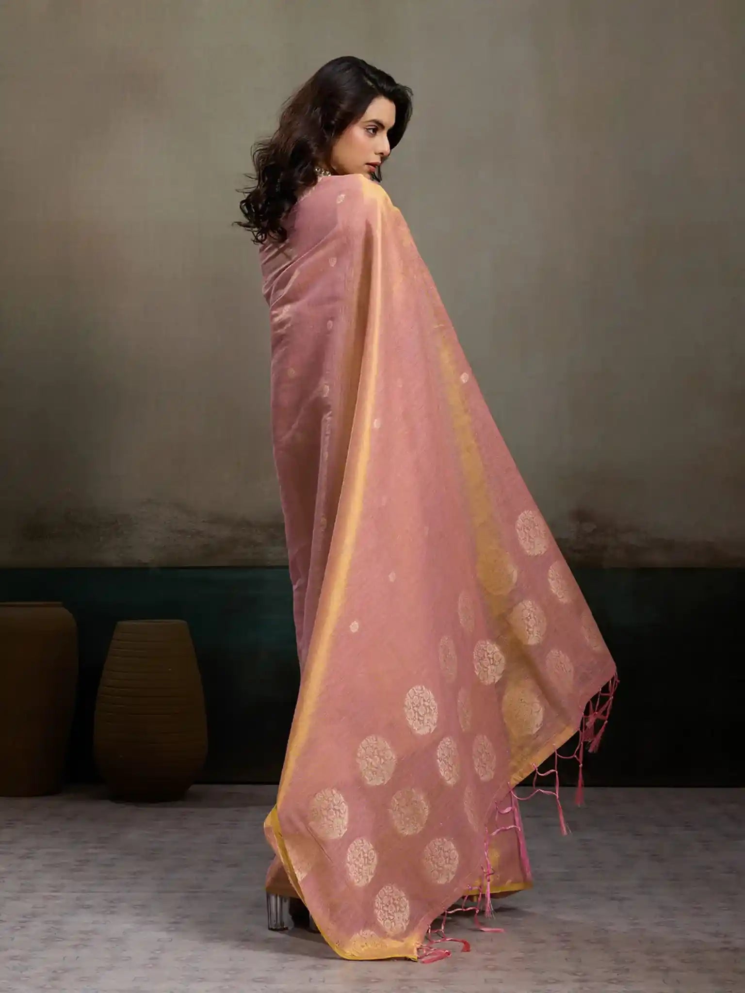 Pink Tissue Silk Woven Zari Designer Saree - View 5