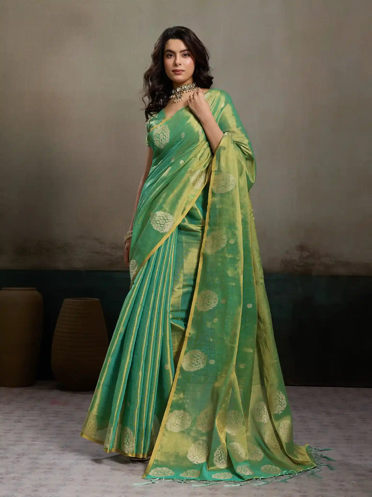 Green Tissue Silk Woven Zari Designer Saree - View 1