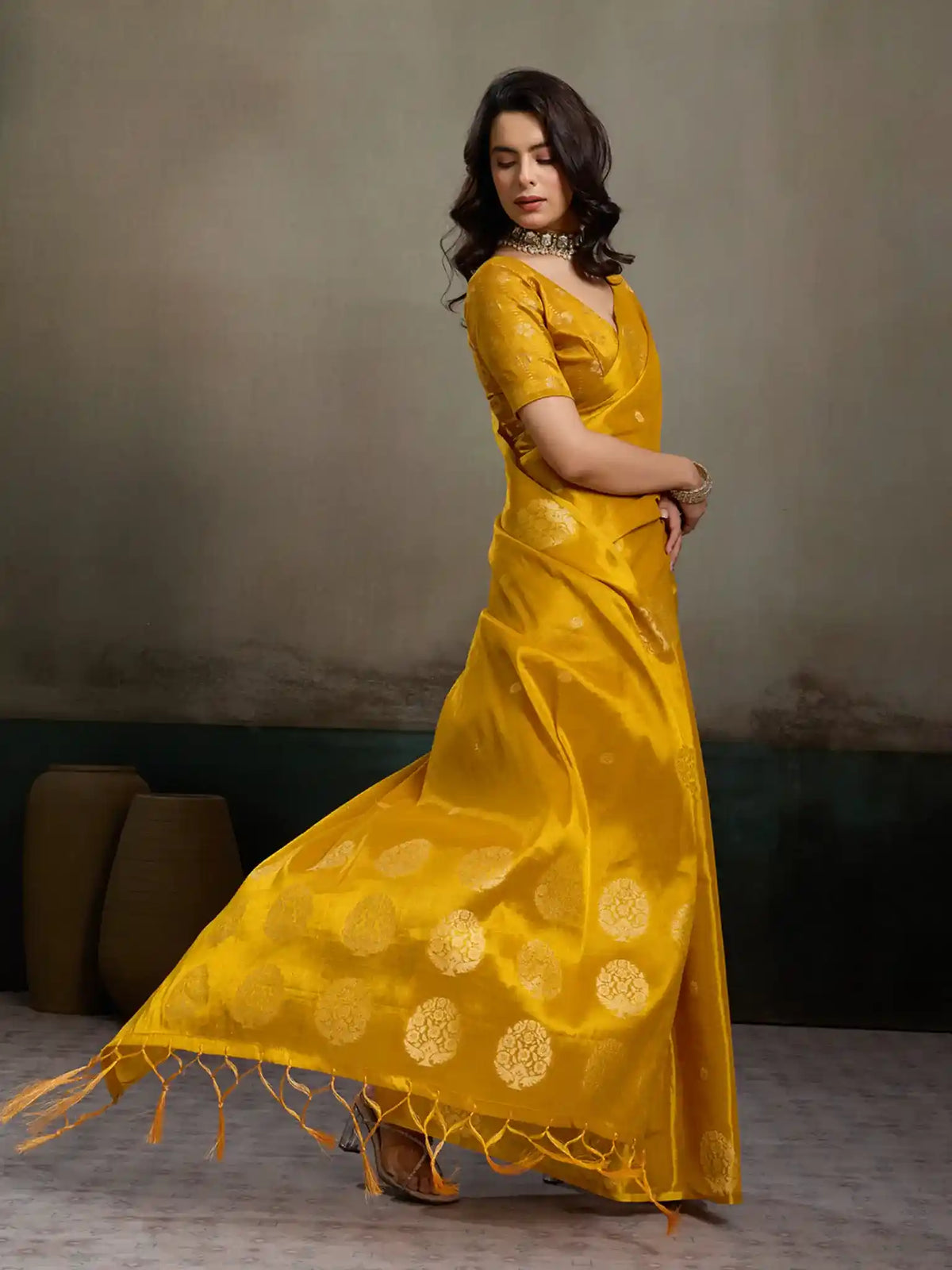 Mustard Tissue Silk Woven Zari Designer Saree - View 3