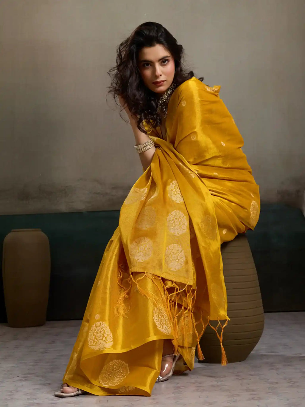 Mustard Tissue Silk Woven Zari Designer Saree - View 4