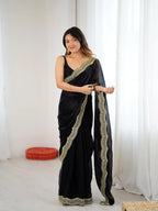 Black Two Tone Fendy Satin Silk Embroidered Saree - View 1