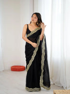 Black Two Tone Fendy Satin Silk Embroidered Saree - View 2