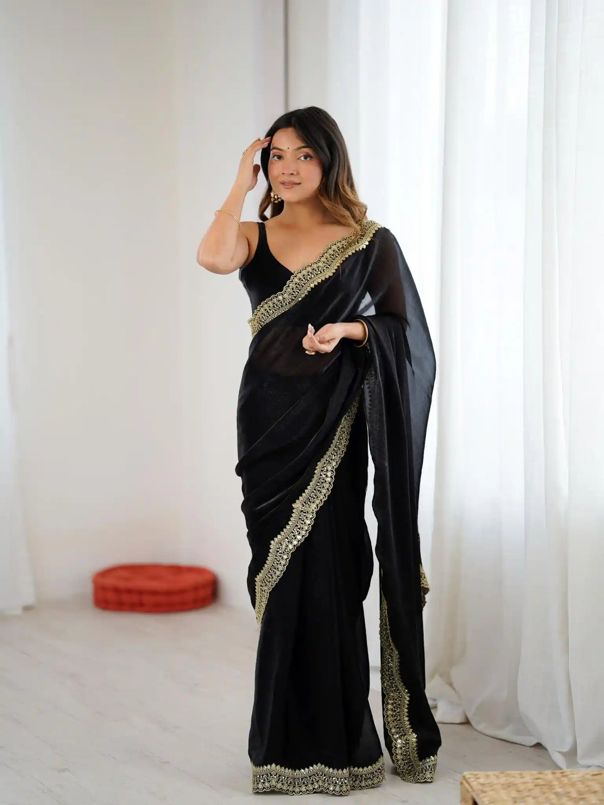 Black Two Tone Fendy Satin Silk Embroidered Saree - View 3