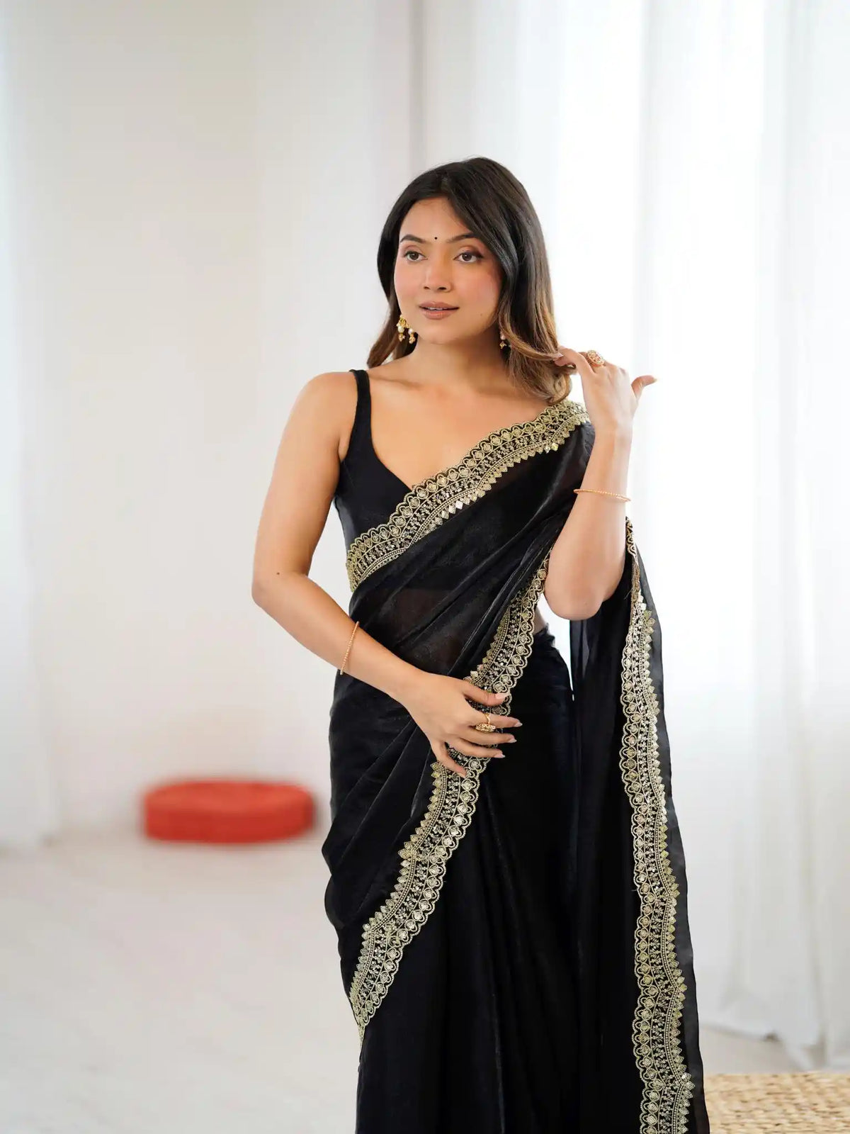 Black Two Tone Fendy Satin Silk Embroidered Saree - View 4
