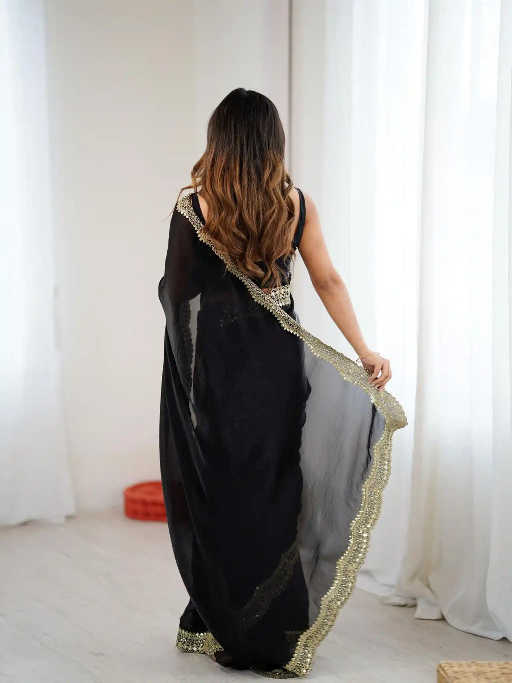 Black Two Tone Fendy Satin Silk Embroidered Saree - View 5
