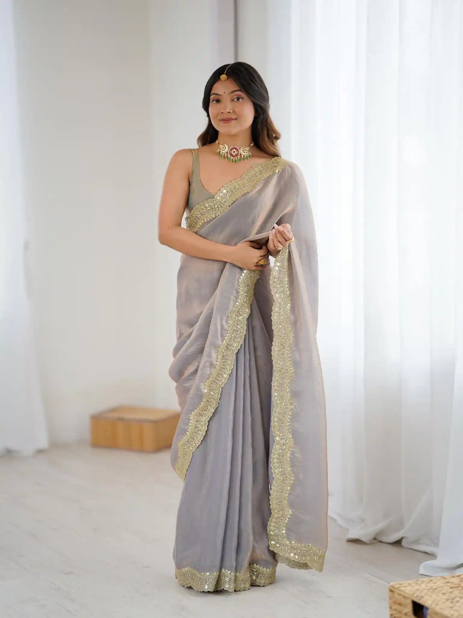 Beige Two Tone Fendy Satin Silk Embroidered Saree - View 1