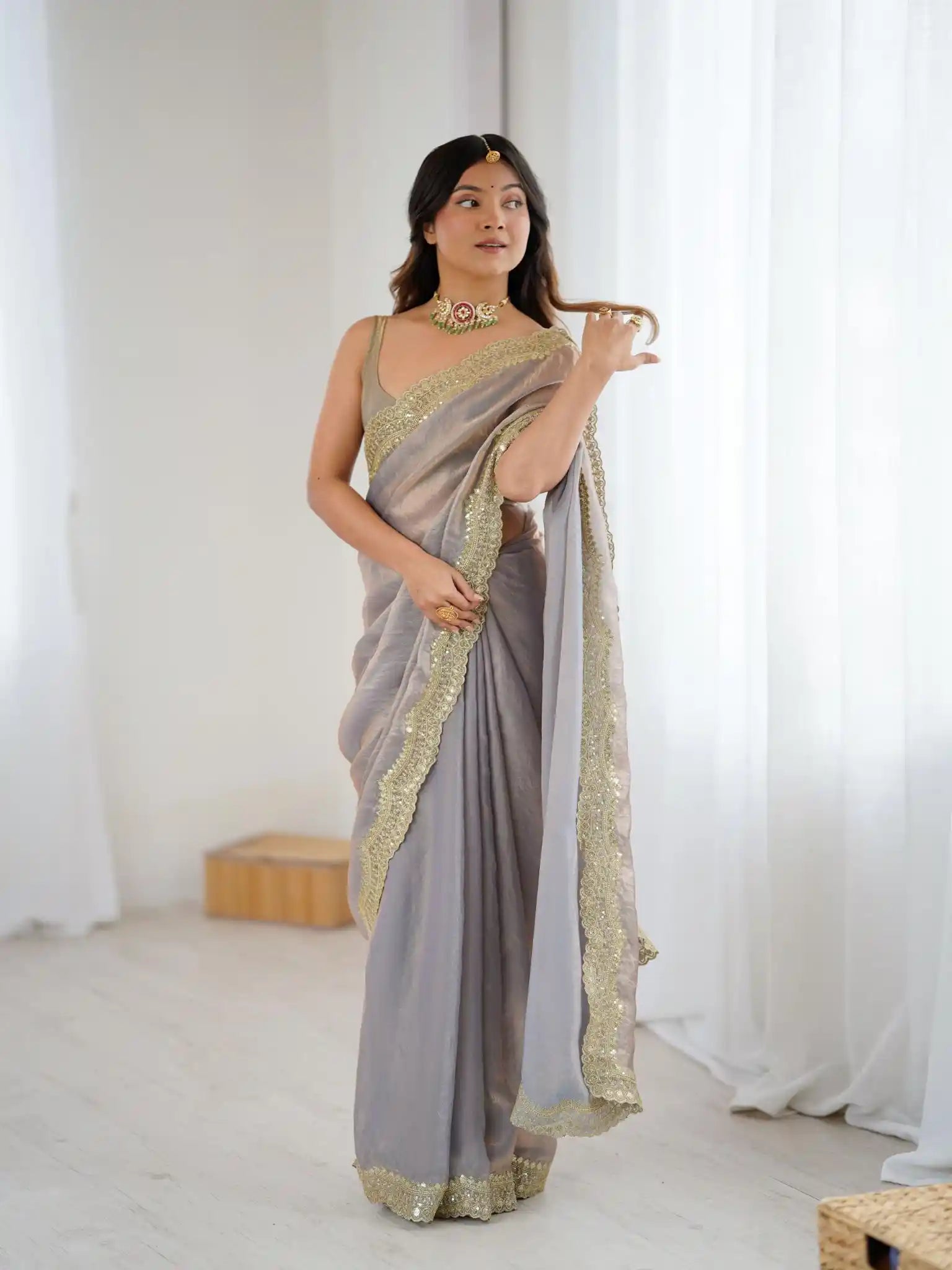 Beige Two Tone Fendy Satin Silk Embroidered Saree - View 2