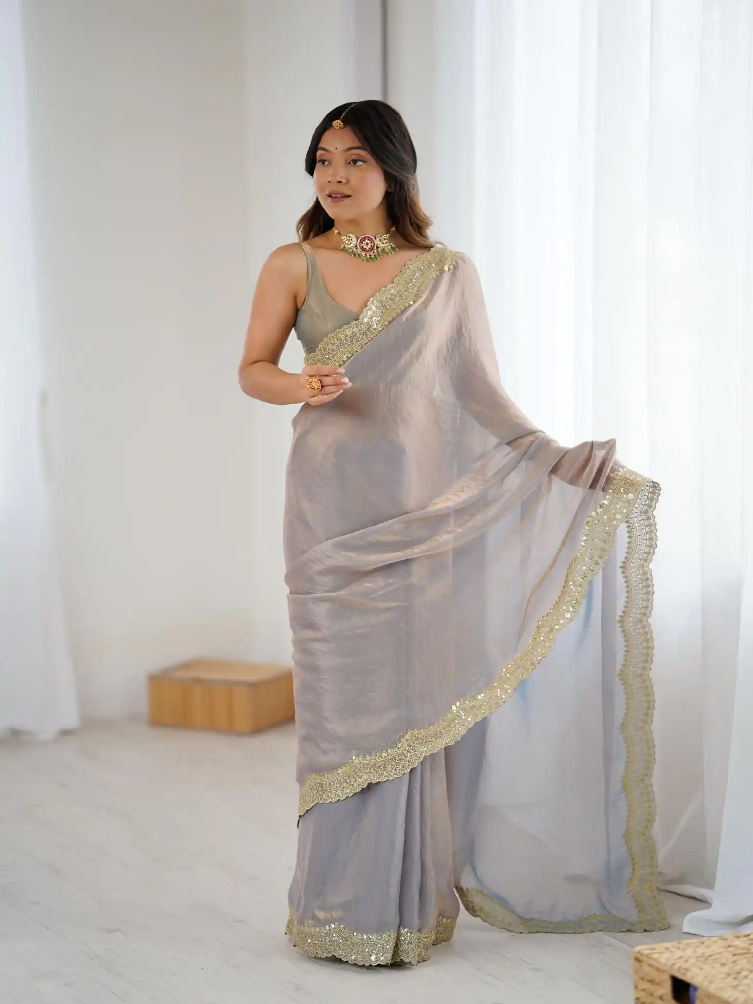 Beige Two Tone Fendy Satin Silk Embroidered Saree - View 3