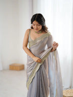 Beige Two Tone Fendy Satin Silk Embroidered Saree - View 4