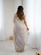 Beige Two Tone Fendy Satin Silk Embroidered Saree - View 5