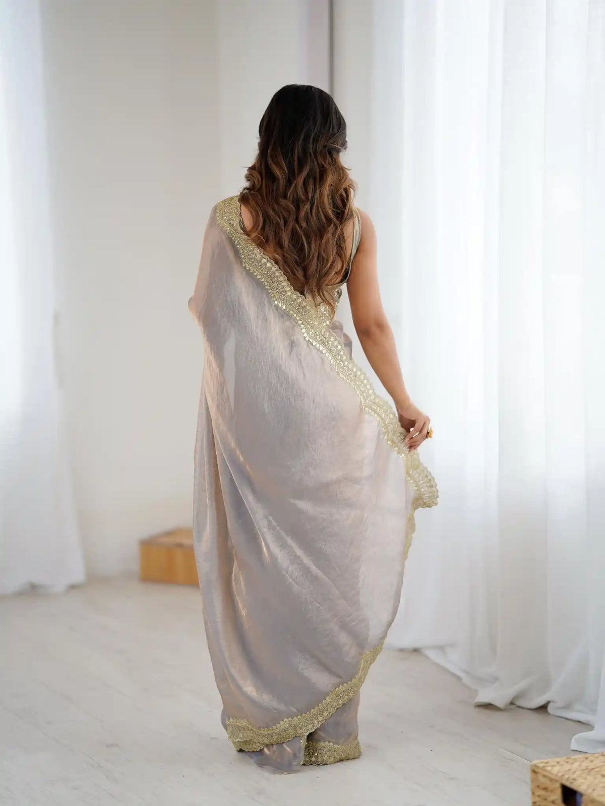 Beige Two Tone Fendy Satin Silk Embroidered Saree - View 5