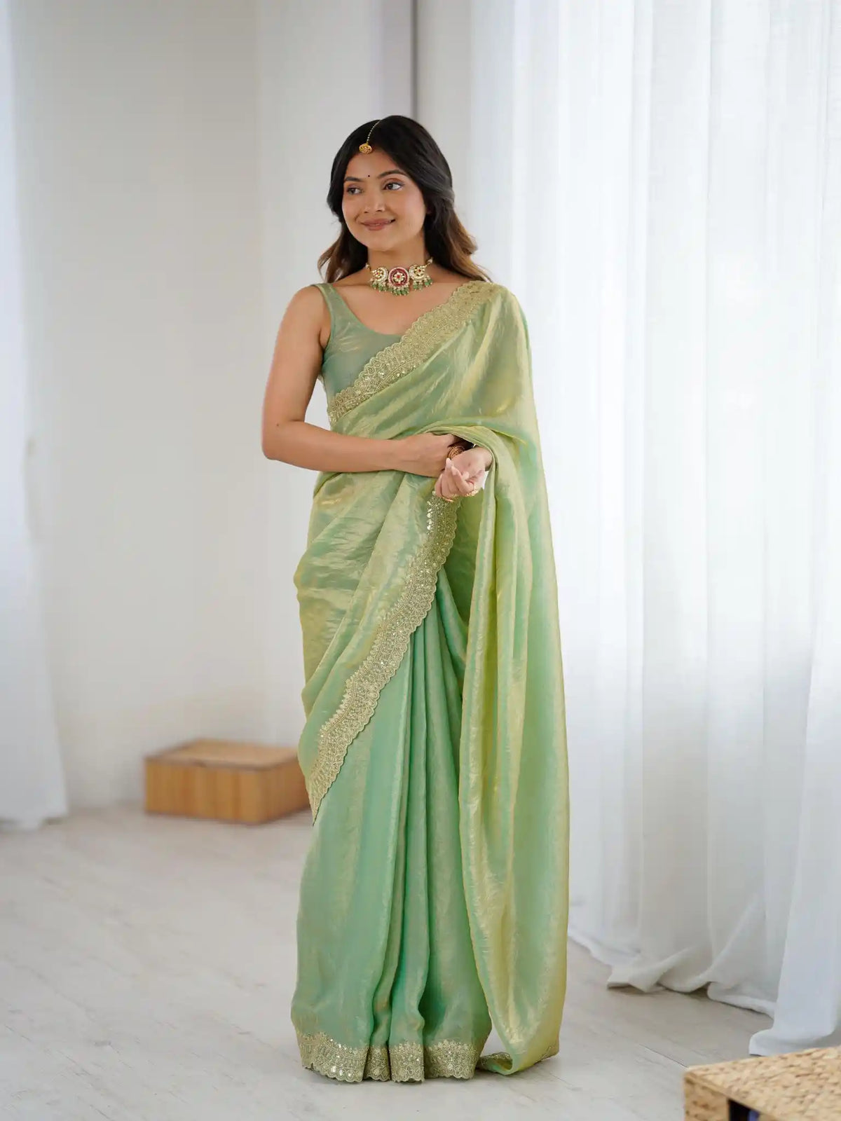 Green Two Tone Fendy Satin Silk Embroidered Saree - View 1