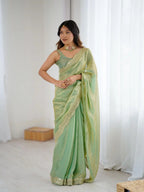 Green Two Tone Fendy Satin Silk Embroidered Saree - View 2