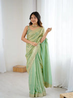 Green Two Tone Fendy Satin Silk Embroidered Saree - View 3