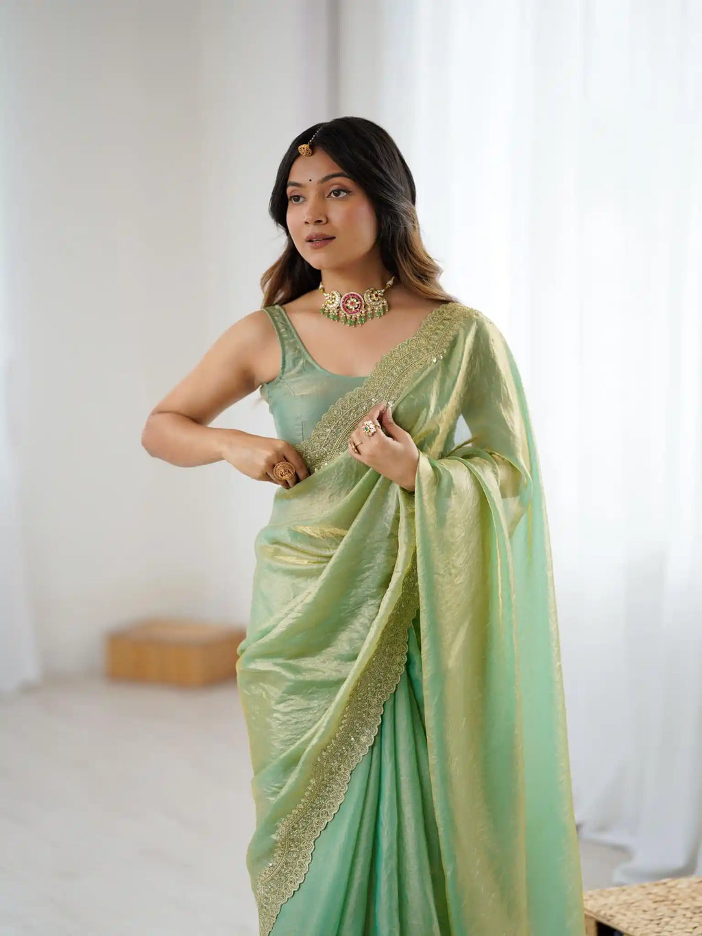 Green Two Tone Fendy Satin Silk Embroidered Saree - View 4