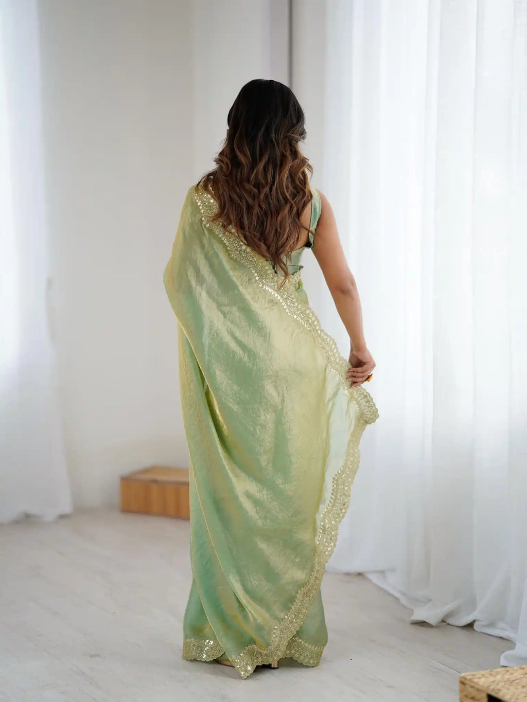 Green Two Tone Fendy Satin Silk Embroidered Saree - View 5