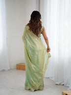 Green Two Tone Fendy Satin Silk Embroidered Saree - View 5