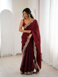 Maroon Two Tone Fendy Satin Silk Embroidered Saree