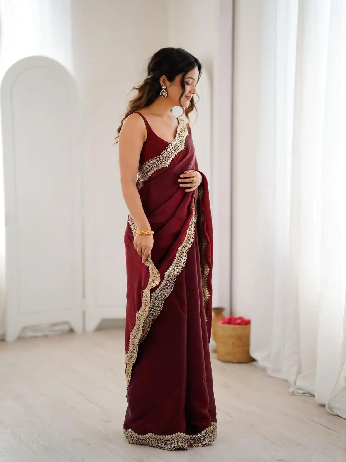 Maroon Two Tone Fendy Satin Silk Embroidered Saree - View 2