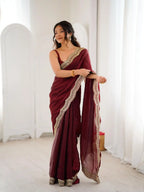 Maroon Two Tone Fendy Satin Silk Embroidered Saree - View 3