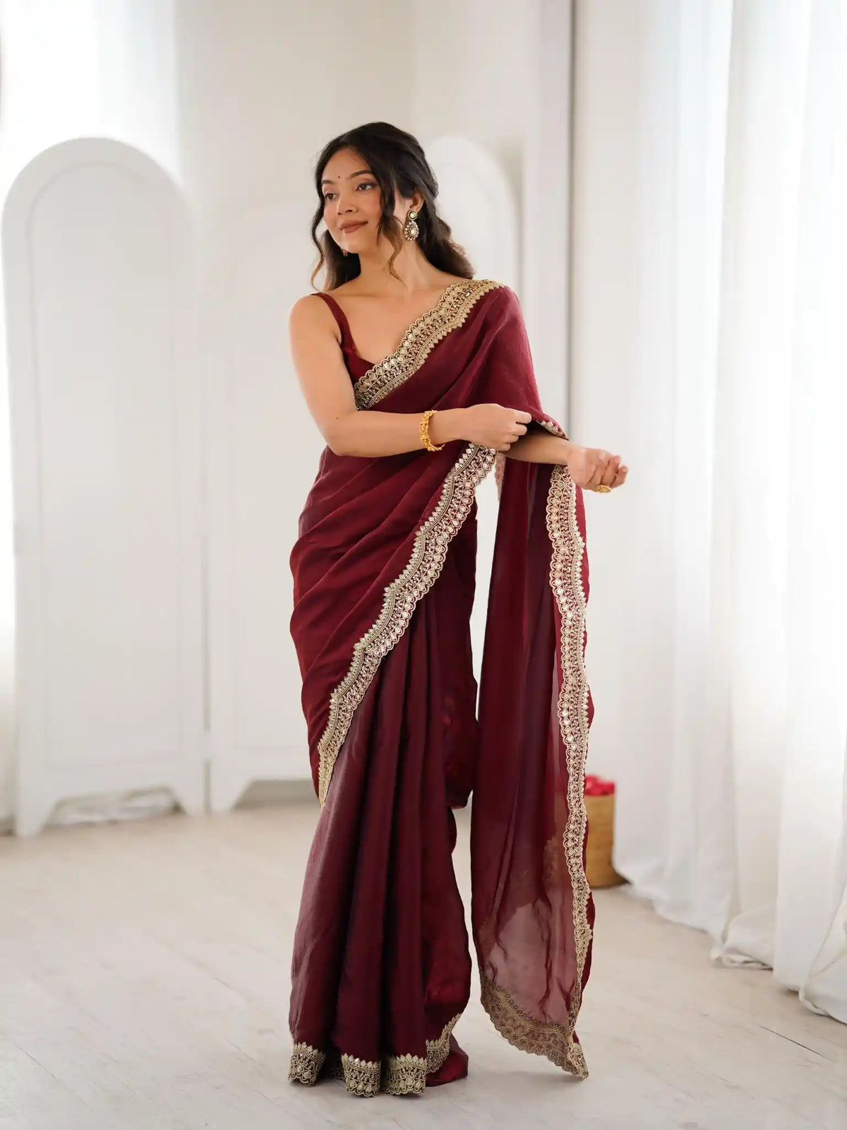 Maroon Two Tone Fendy Satin Silk Embroidered Saree - View 3