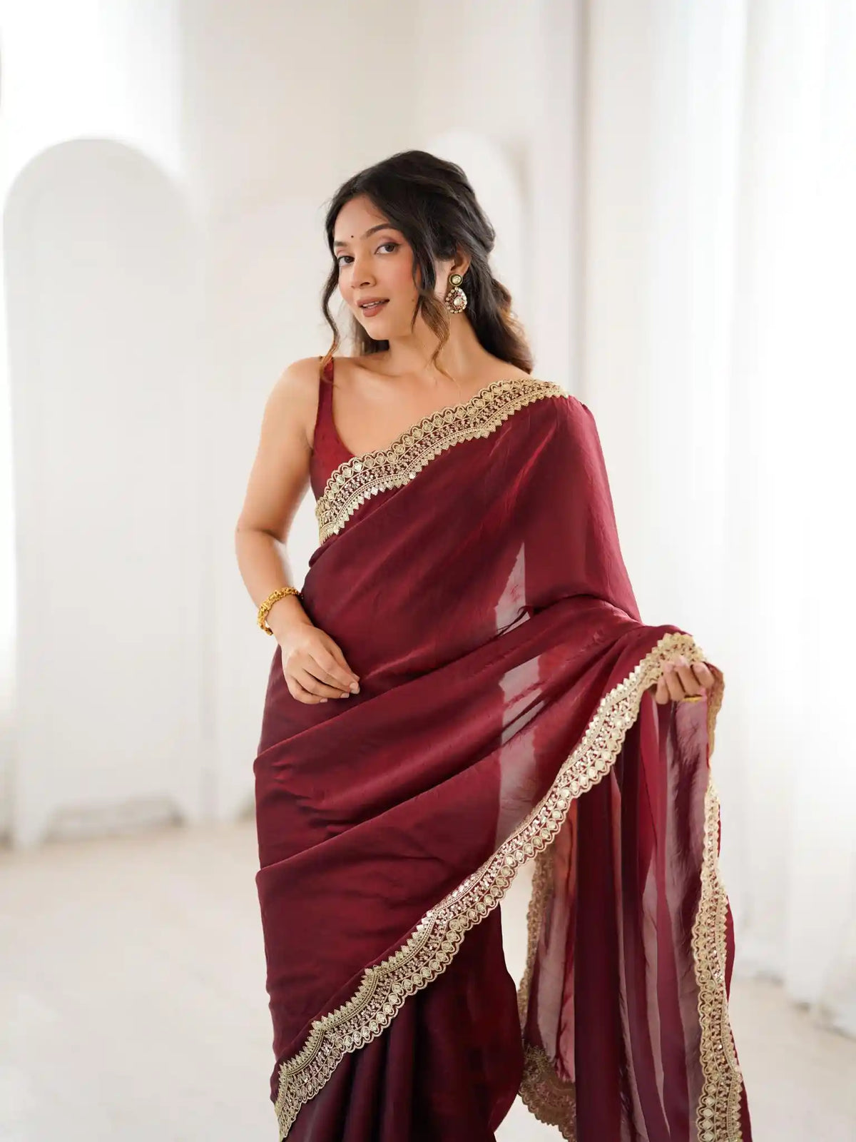 Maroon Two Tone Fendy Satin Silk Embroidered Saree - View 4