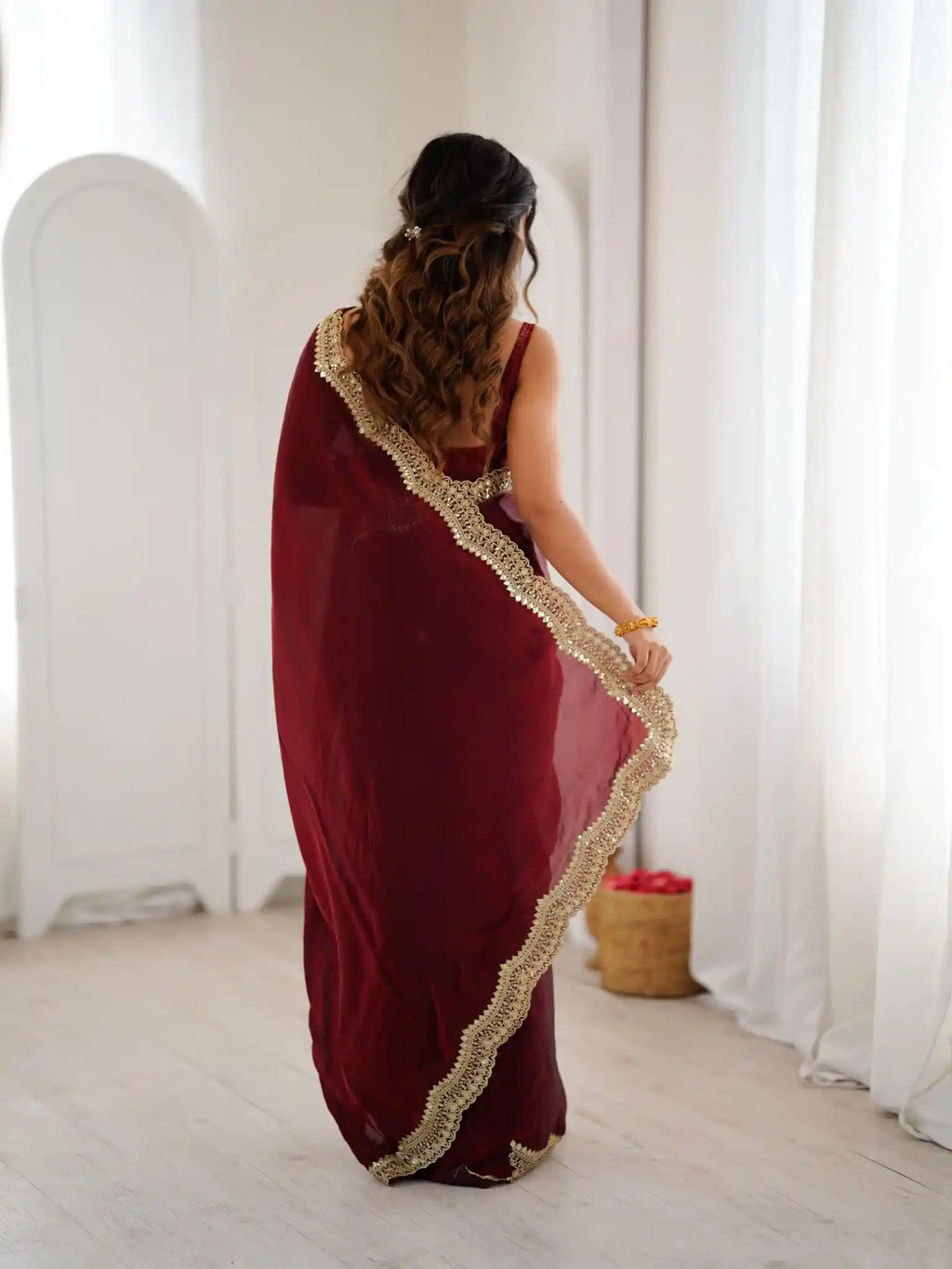 Maroon Two Tone Fendy Satin Silk Embroidered Saree - View 5